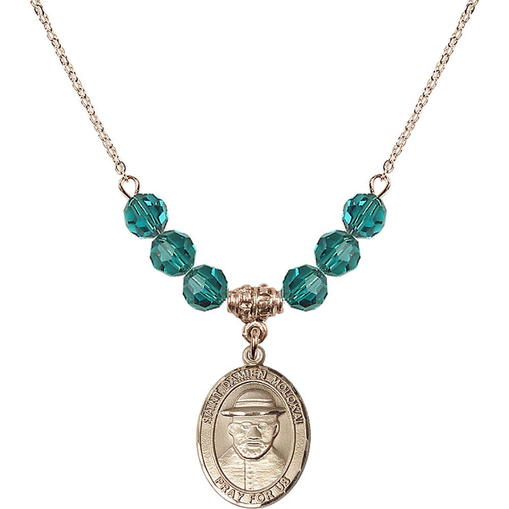 14kt Gold Filled Saint Damien of Molokai Birthstone Necklace with Zircon Beads - 8412