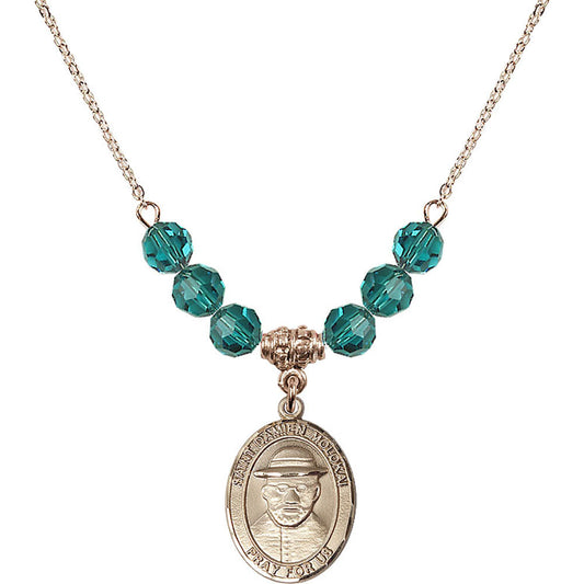 14kt Gold Filled Saint Damien of Molokai Birthstone Necklace with Zircon Beads - 8412