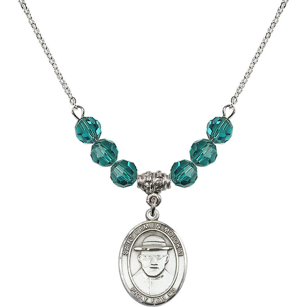 Sterling Silver Saint Damien of Molokai Birthstone Necklace with Zircon Beads - 8412