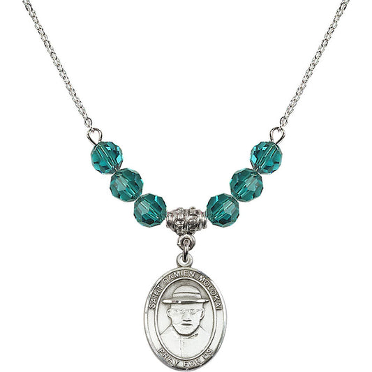 Sterling Silver Saint Damien of Molokai Birthstone Necklace with Zircon Beads - 8412
