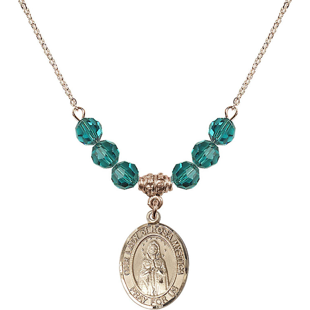 14kt Gold Filled Our Lady of Rosa Mystica Birthstone Necklace with Zircon Beads - 8413