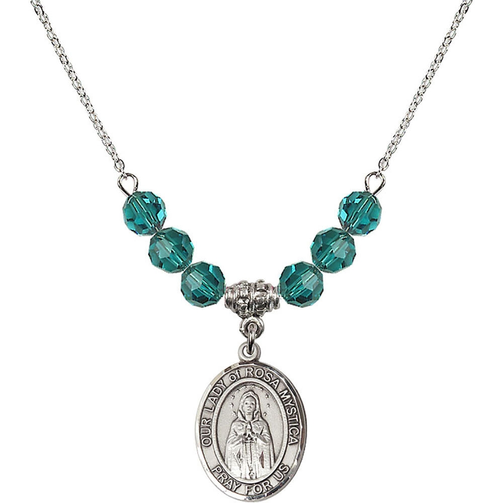 Sterling Silver Our Lady of Rosa Mystica Birthstone Necklace with Zircon Beads - 8413
