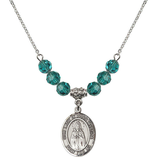 Sterling Silver Our Lady of Rosa Mystica Birthstone Necklace with Zircon Beads - 8413