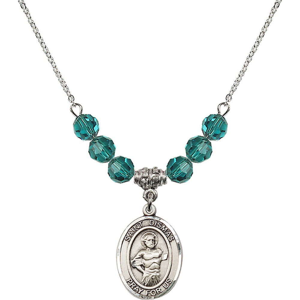 Sterling Silver Saint Dismas Birthstone Necklace with Zircon Beads - 8418