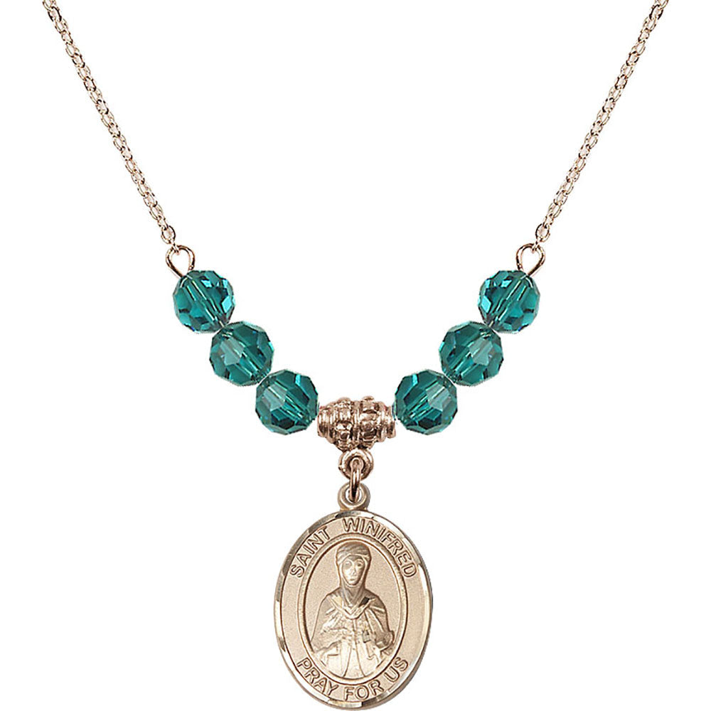 14kt Gold Filled Saint Winifred of Wales Birthstone Necklace with Zircon Beads - 8419