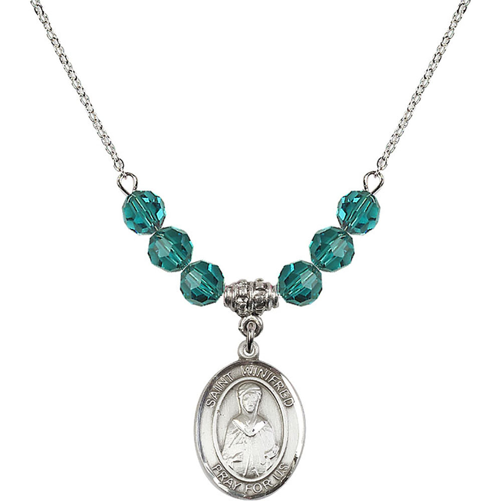 Sterling Silver Saint Winifred of Wales Birthstone Necklace with Zircon Beads - 8419