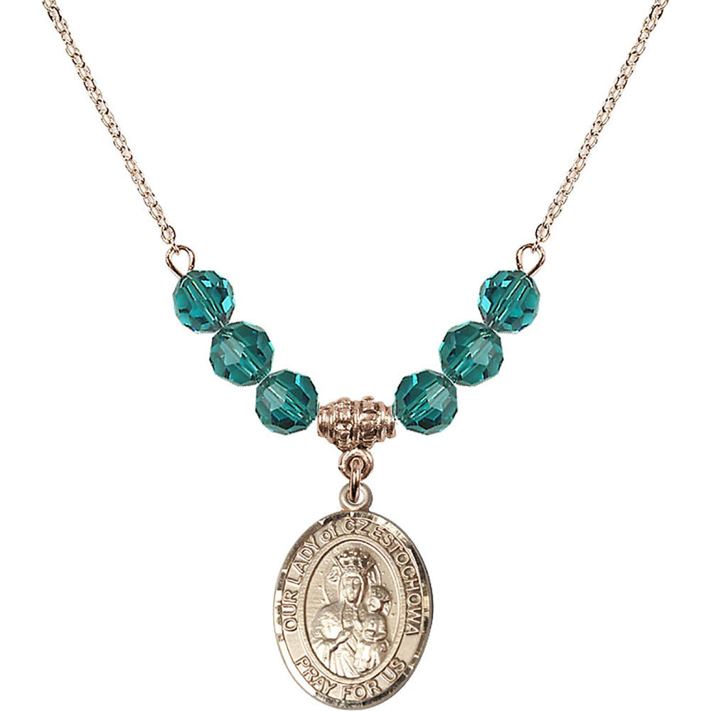 14kt Gold Filled Our Lady of Czestochowa Birthstone Necklace with Zircon Beads - 8421