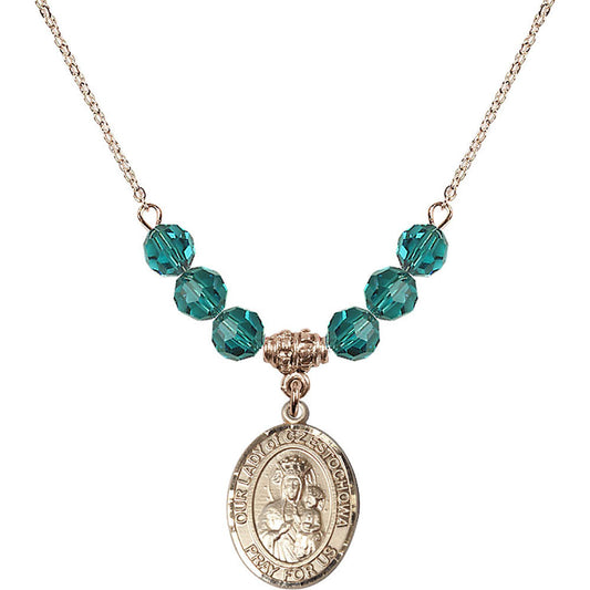 14kt Gold Filled Our Lady of Czestochowa Birthstone Necklace with Zircon Beads - 8421
