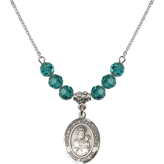 Sterling Silver Our Lady of Czestochowa Birthstone Necklace with Zircon Beads - 8421
