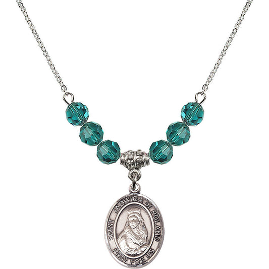 Sterling Silver Saint Jadwiga of Poland Birthstone Necklace with Zircon Beads - 8434