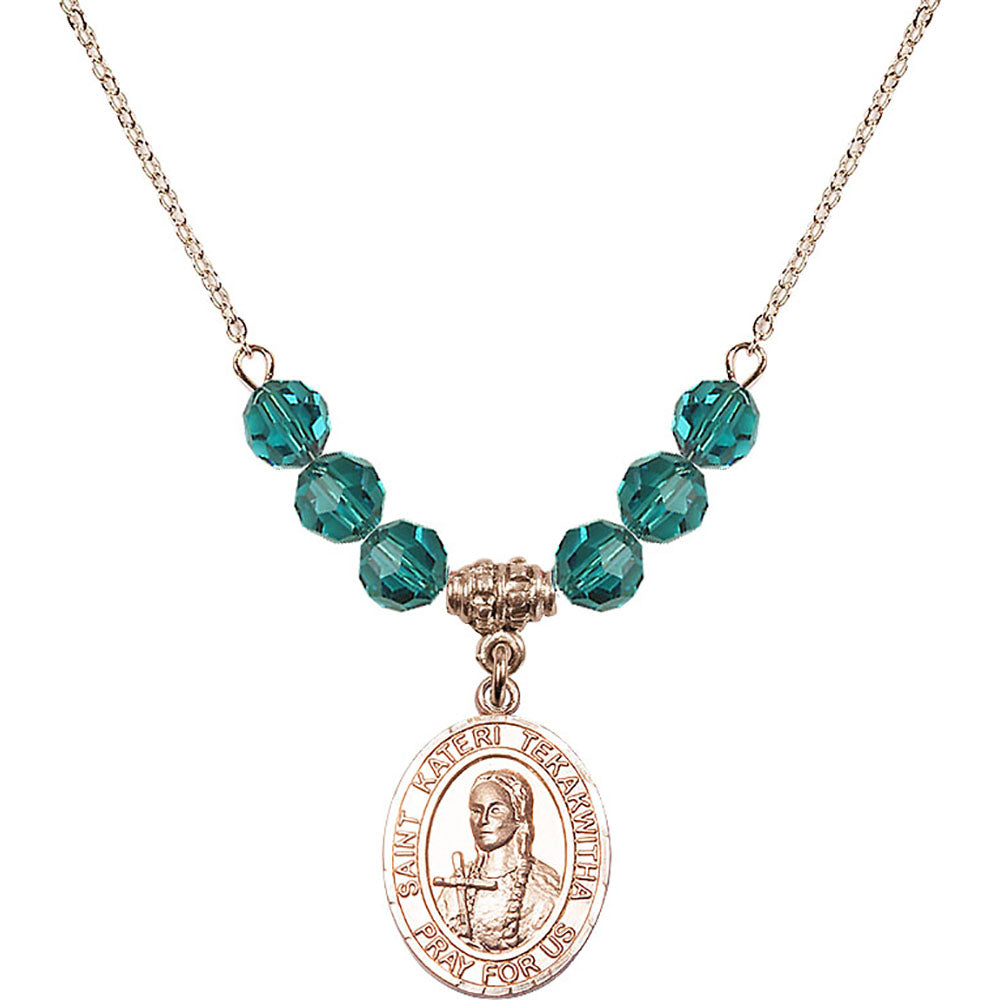 14kt Gold Filled Saint Kateri Tekakwitha Birthstone Necklace with Zircon Beads - 8438