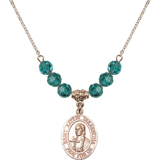 14kt Gold Filled Saint Kateri Tekakwitha Birthstone Necklace with Zircon Beads - 8438