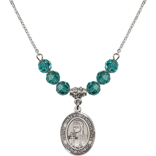 Sterling Silver Saint Kateri Tekakwitha Birthstone Necklace with Zircon Beads - 8438