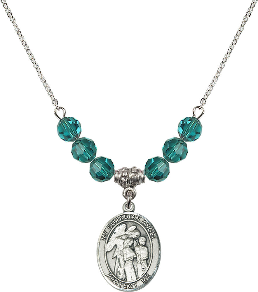 Sterling Silver Guardian Angel w/Children Birthstone Necklace with Zircon Beads - 8439