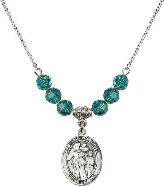 Sterling Silver Guardian Angel w/Children Birthstone Necklace with Zircon Beads - 8439
