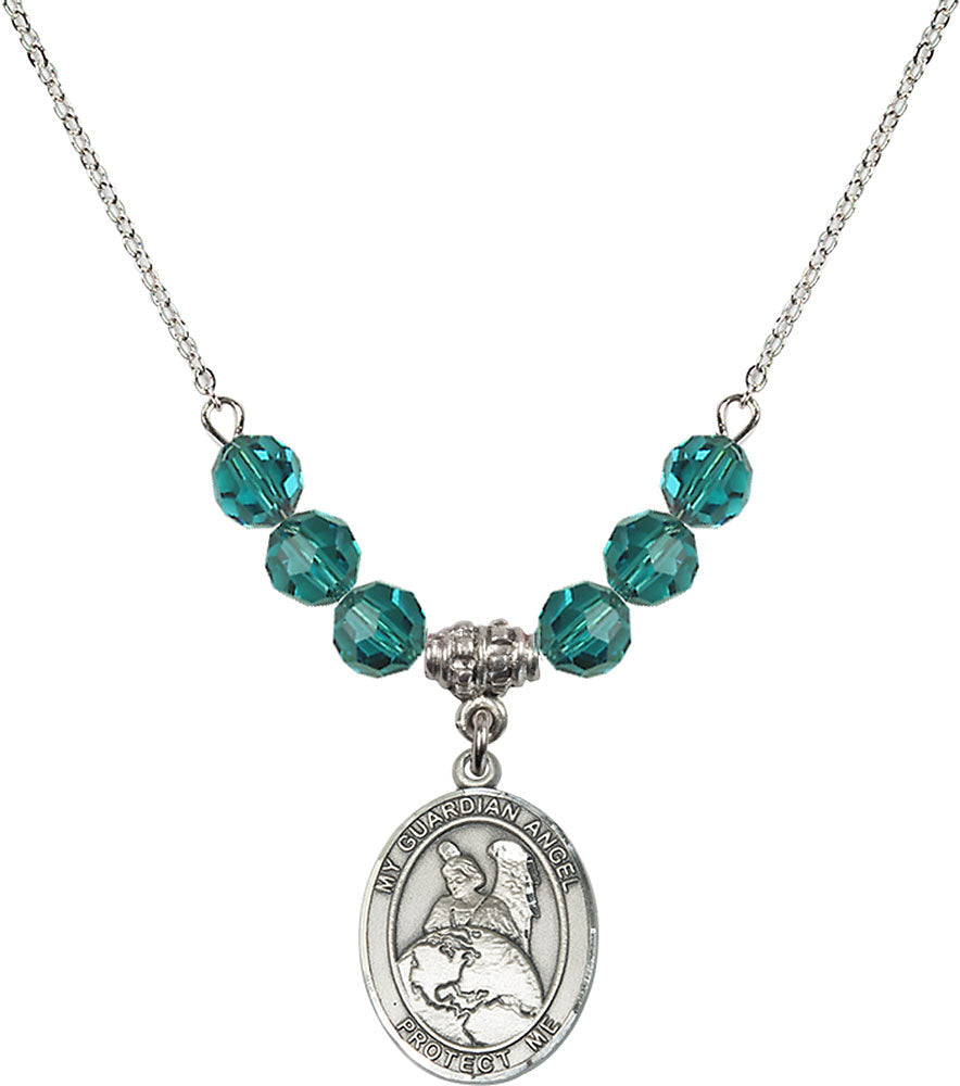 Sterling Silver Guardian Angel Protector Birthstone Necklace with Zircon Beads - 8440