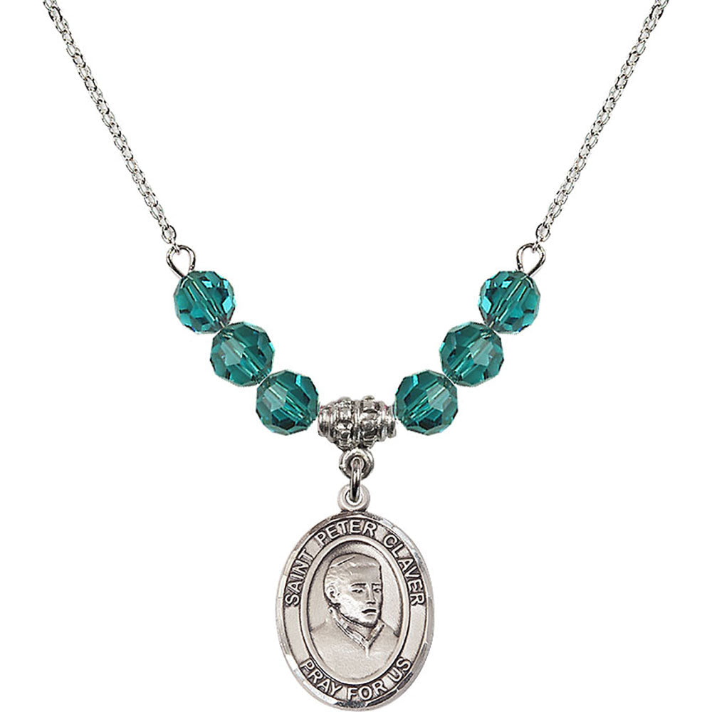 Sterling Silver Saint Peter Claver Birthstone Necklace with Zircon Beads - 8442