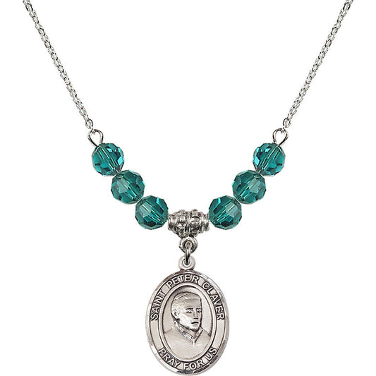 Sterling Silver Saint Peter Claver Birthstone Necklace with Zircon Beads - 8442