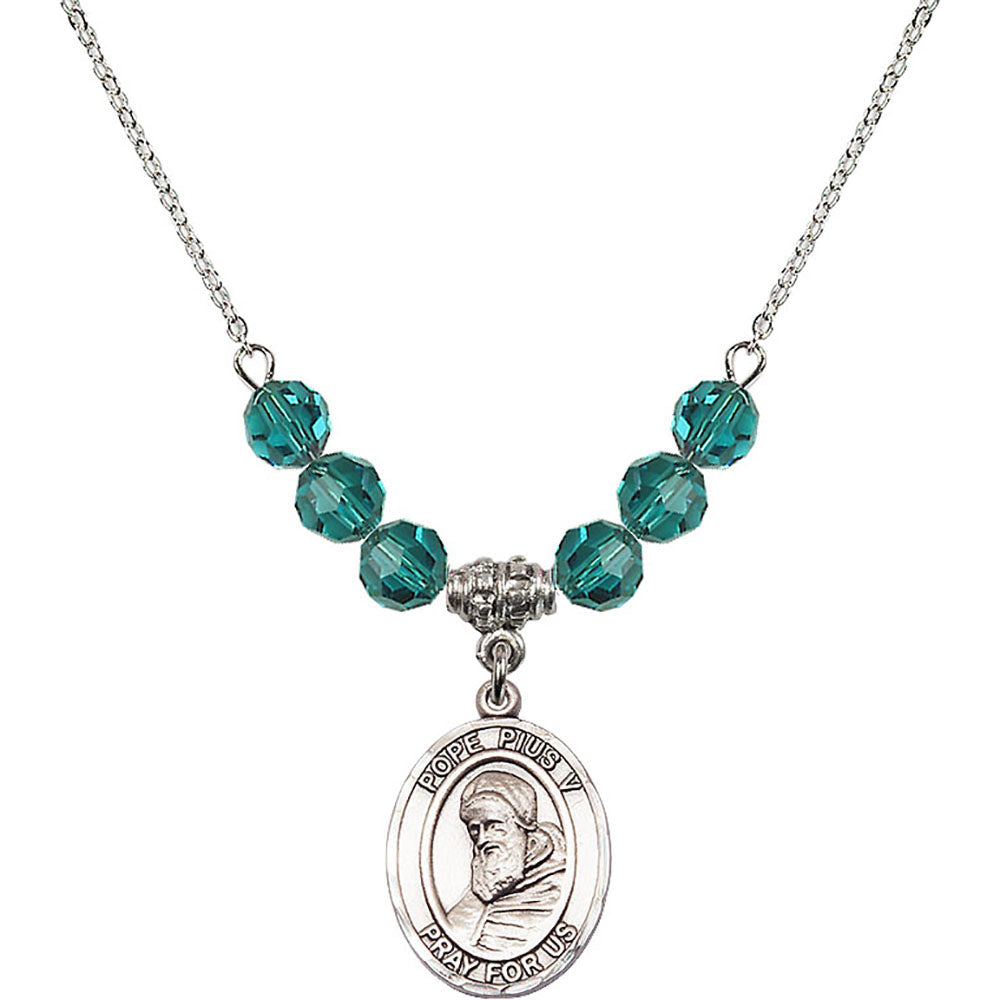 Sterling Silver Saint Pius V Birthstone Necklace with Zircon Beads - 8452