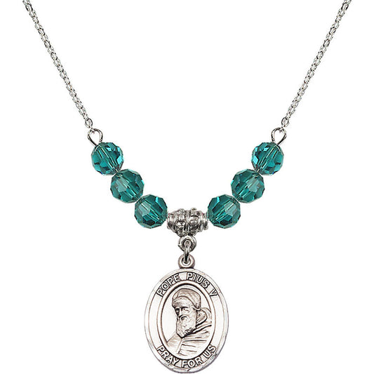Sterling Silver Saint Pius V Birthstone Necklace with Zircon Beads - 8452