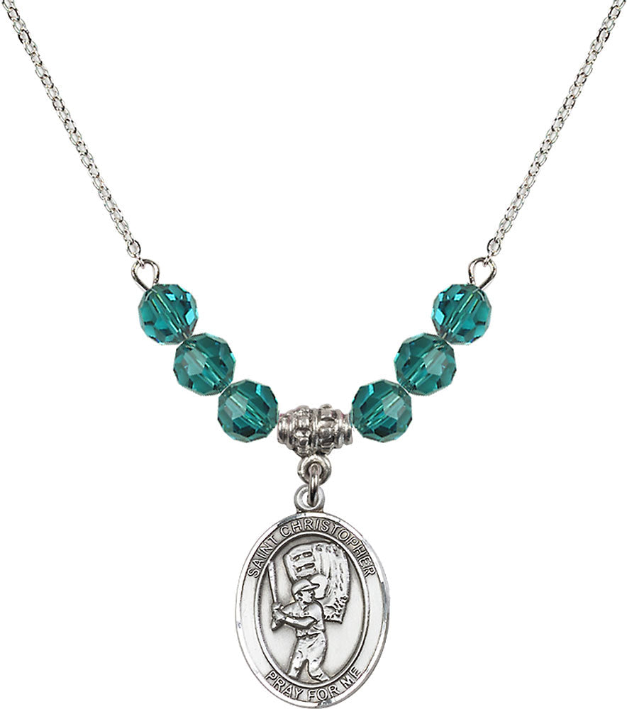 Sterling Silver Saint Christopher/Baseball Birthstone Necklace with Zircon Beads - 8500