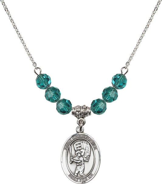Sterling Silver Saint Christopher/Baseball Birthstone Necklace with Zircon Beads - 8500