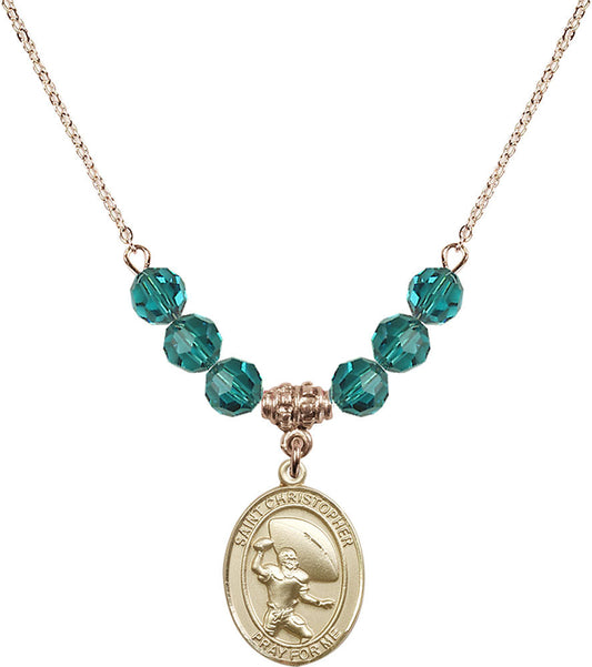 14kt Gold Filled Saint Christopher / Football Birthstone Necklace with Zircon Beads - 8501