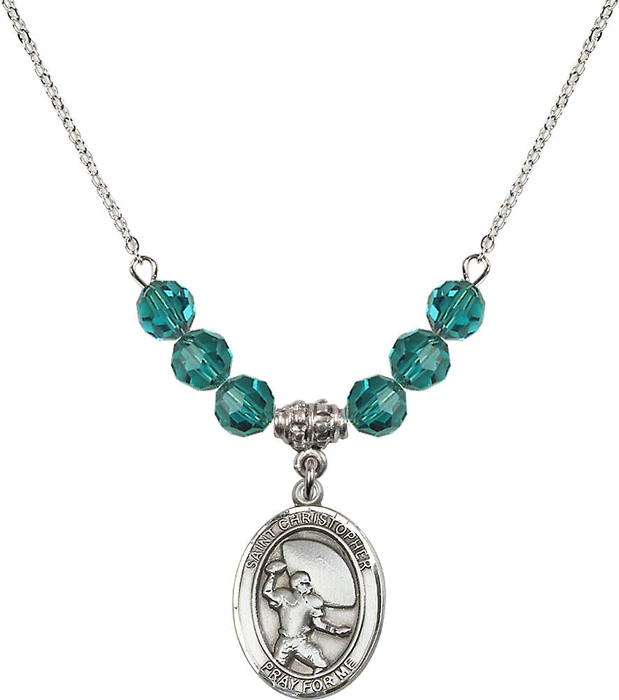 Sterling Silver Saint Christopher / Football Birthstone Necklace with Zircon Beads - 8501
