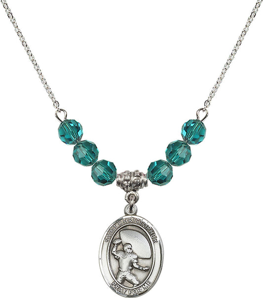 Sterling Silver Saint Christopher / Football Birthstone Necklace with Zircon Beads - 8501