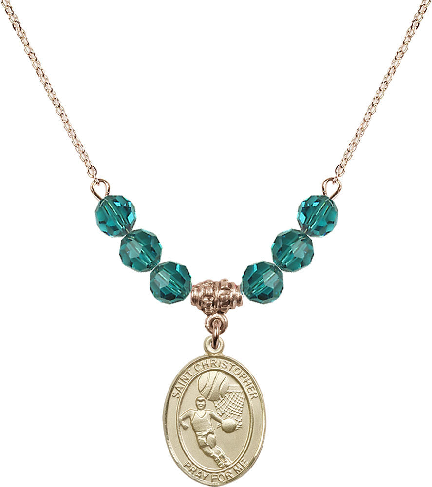 14kt Gold Filled Saint Christopher/Basketball Birthstone Necklace with Zircon Beads - 8502