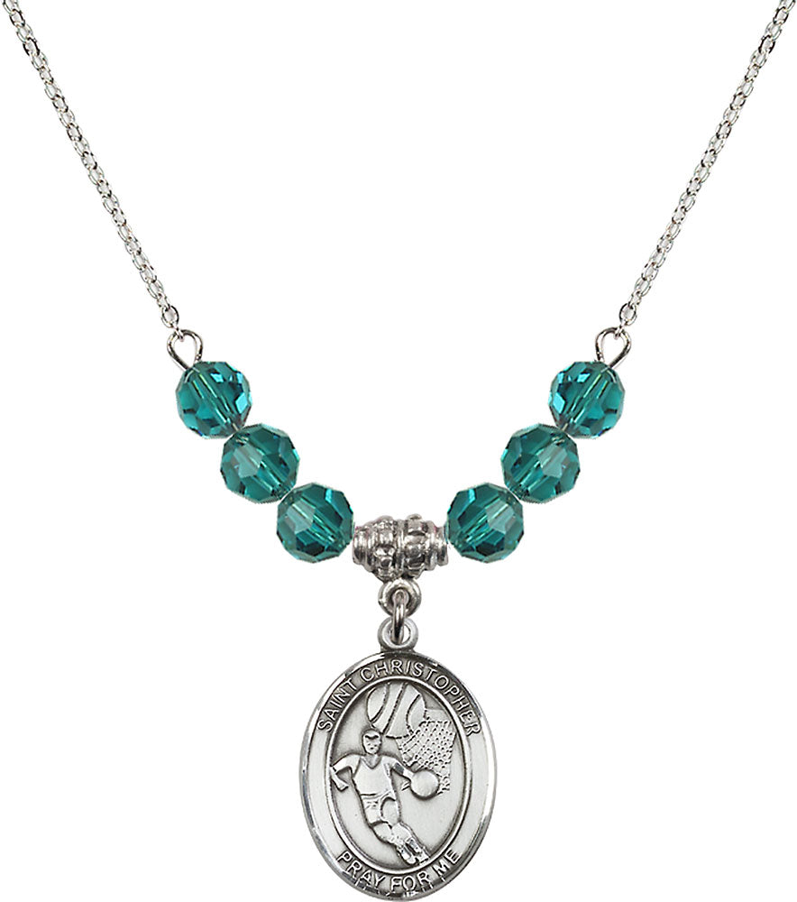 Sterling Silver Saint Christopher/Basketball Birthstone Necklace with Zircon Beads - 8502