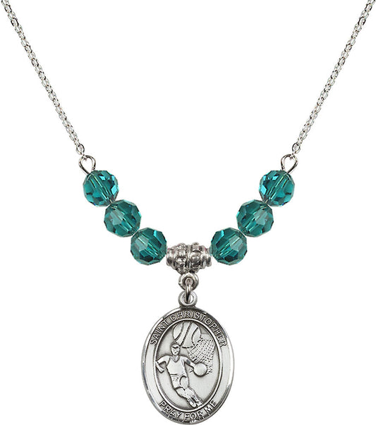 Sterling Silver Saint Christopher/Basketball Birthstone Necklace with Zircon Beads - 8502
