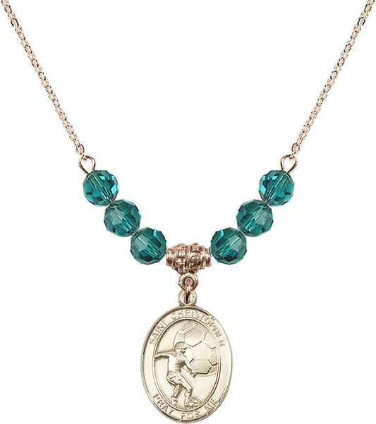14kt Gold Filled Saint Christopher/Soccer Birthstone Necklace with Zircon Beads - 8503