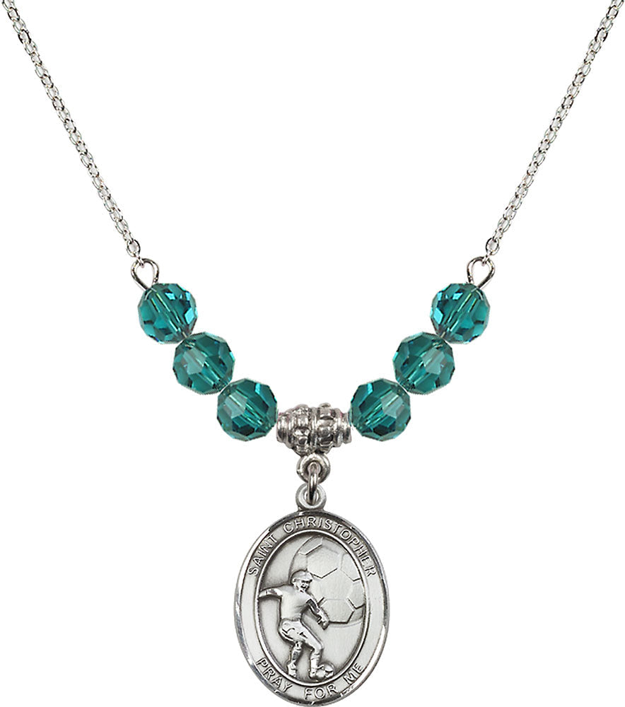 Sterling Silver Saint Christopher/Soccer Birthstone Necklace with Zircon Beads - 8503