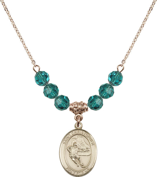14kt Gold Filled Saint Christopher/Hockey Birthstone Necklace with Zircon Beads - 8504