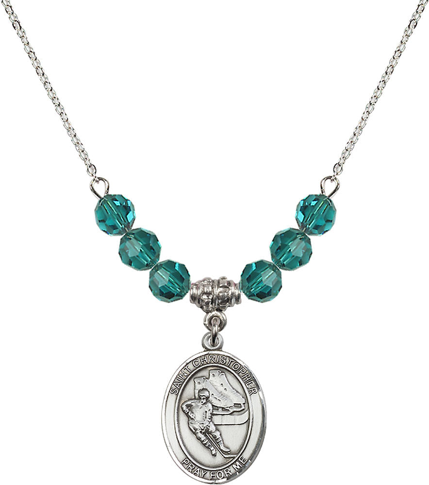 Sterling Silver Saint Christopher/Hockey Birthstone Necklace with Zircon Beads - 8504