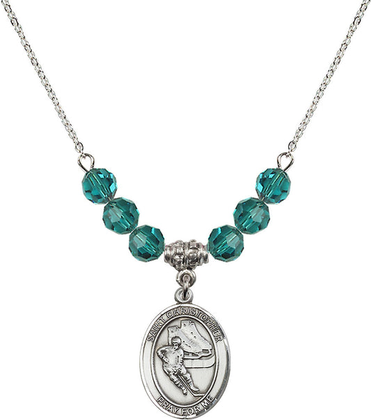 Sterling Silver Saint Christopher/Hockey Birthstone Necklace with Zircon Beads - 8504
