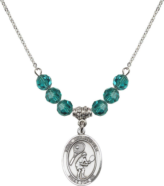Sterling Silver Saint Christopher/Tennis Birthstone Necklace with Zircon Beads - 8505