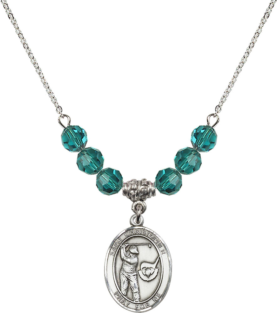 Sterling Silver Saint Christopher/Golf Birthstone Necklace with Zircon Beads - 8506