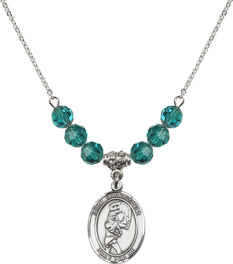 Sterling Silver Saint Christopher/Softball Birthstone Necklace with Zircon Beads - 8507