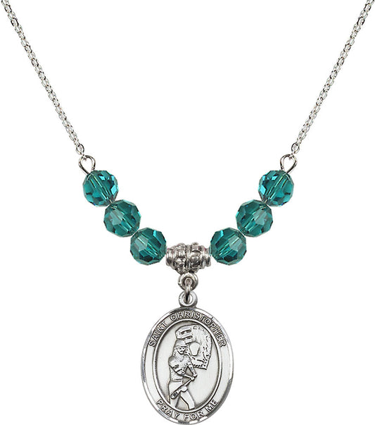 Sterling Silver Saint Christopher/Softball Birthstone Necklace with Zircon Beads - 8507