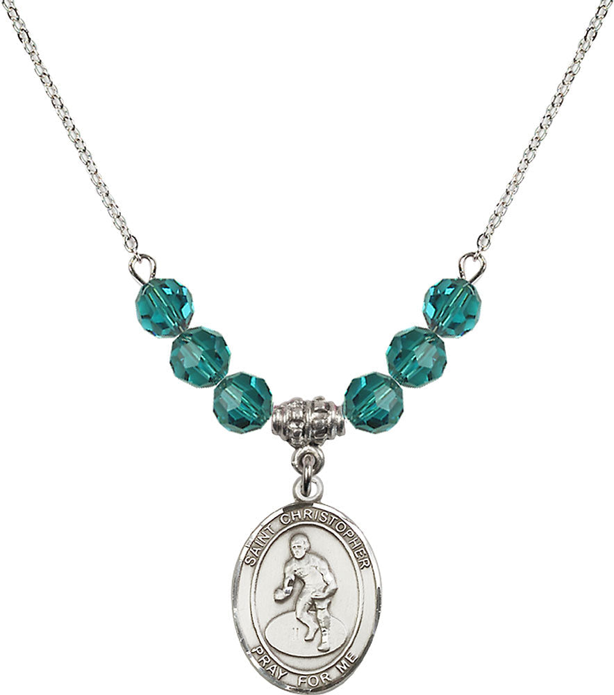 Sterling Silver Saint Christopher/Wrestling Birthstone Necklace with Zircon Beads - 8508