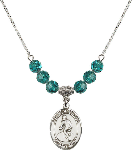 Sterling Silver Saint Christopher/Wrestling Birthstone Necklace with Zircon Beads - 8508