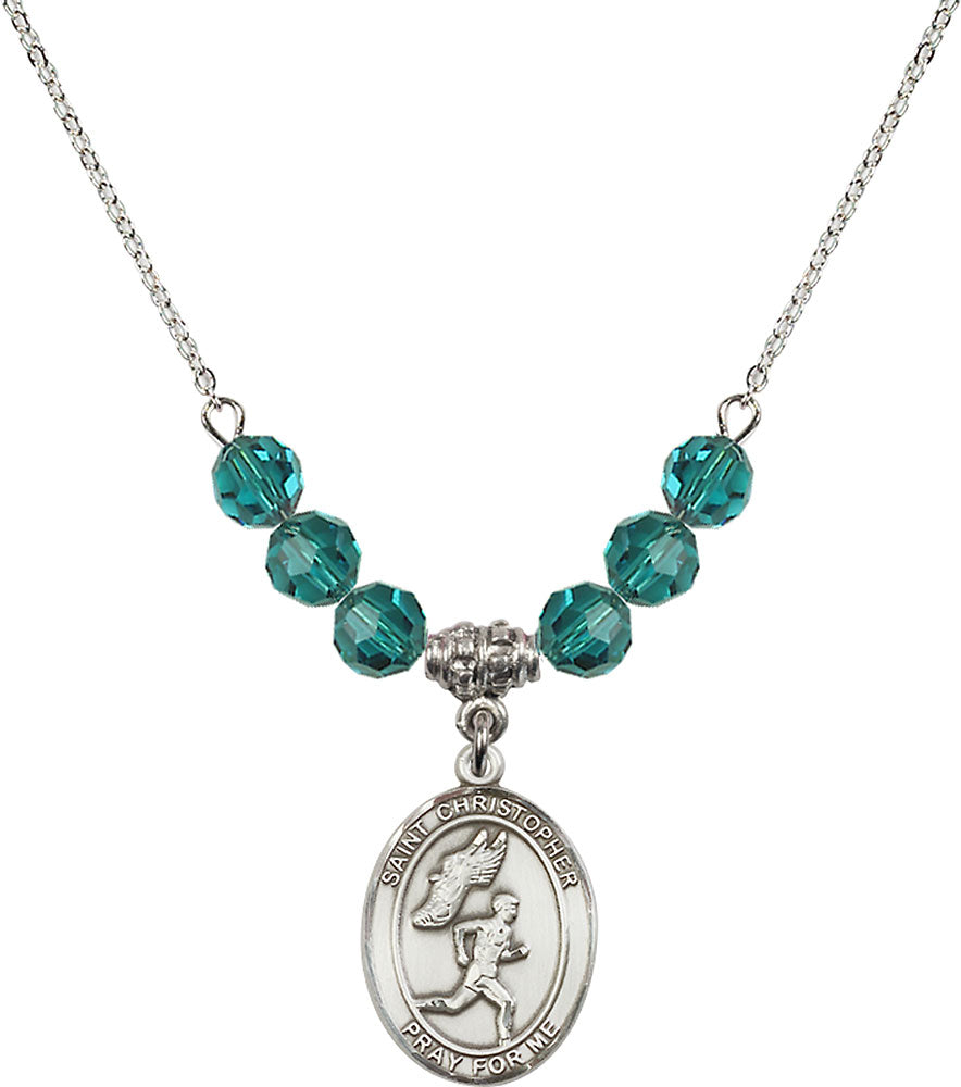Sterling Silver Saint Christopher/Track&Field-Men Birthstone Necklace with Zircon Beads - 8509