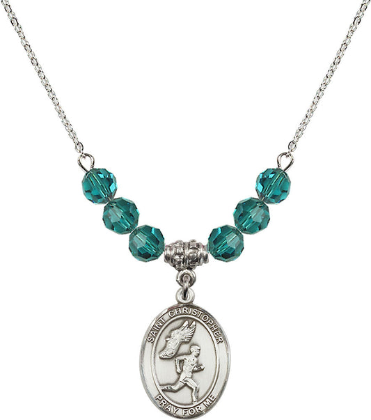 Sterling Silver Saint Christopher/Track&Field-Men Birthstone Necklace with Zircon Beads - 8509