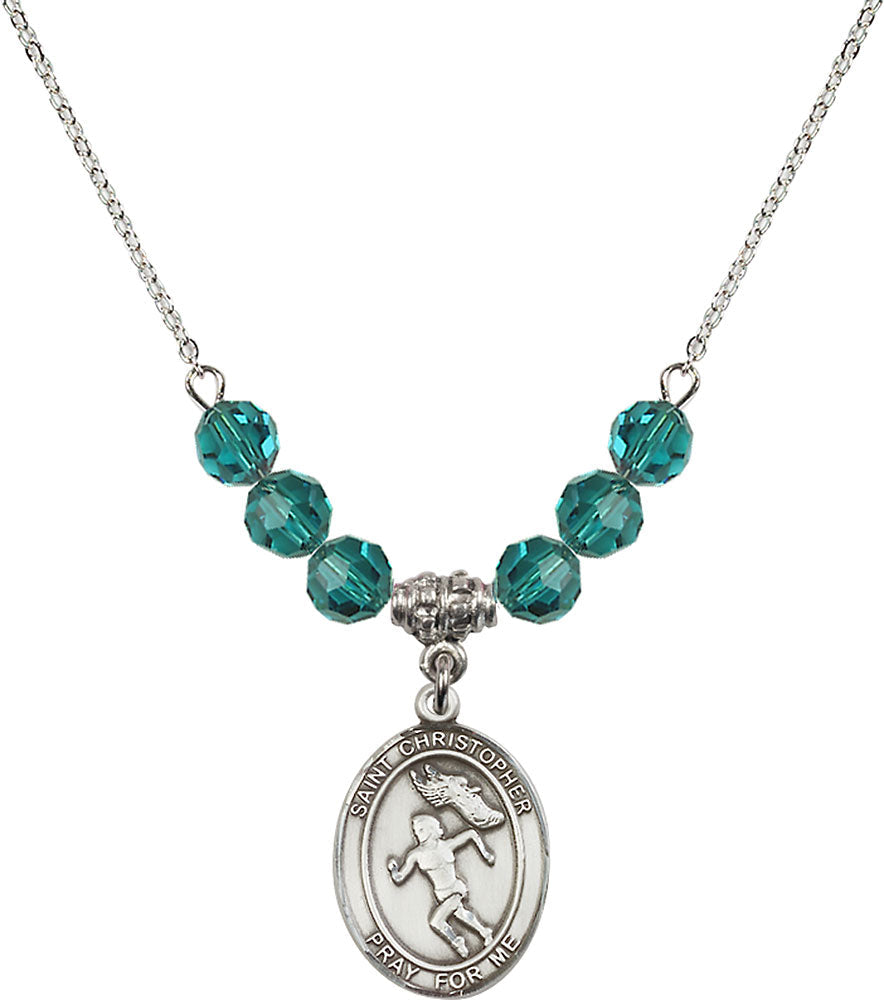 Sterling Silver Saint Christopher/Track&Field-Women Birthstone Necklace with Zircon Beads - 8510