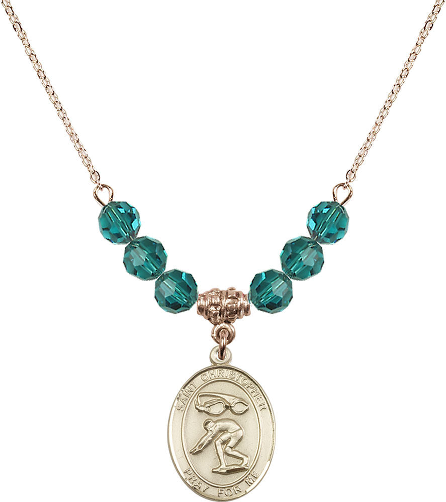 14kt Gold Filled Saint Christopher/Swimming Birthstone Necklace with Zircon Beads - 8511