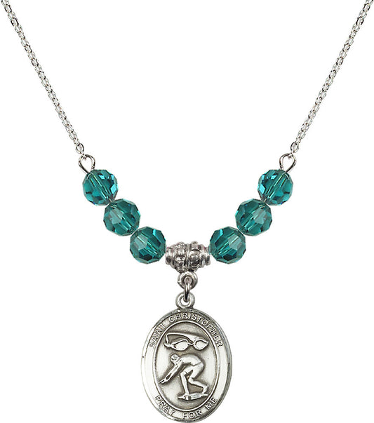 Sterling Silver Saint Christopher/Swimming Birthstone Necklace with Zircon Beads - 8511