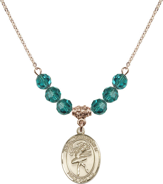 14kt Gold Filled Saint Christopher/Dance Birthstone Necklace with Zircon Beads - 8512