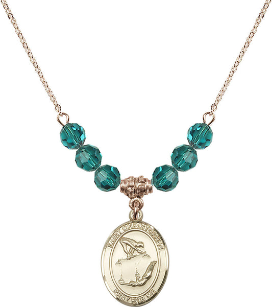 14kt Gold Filled Saint Christopher/Gymnastics Birthstone Necklace with Zircon Beads - 8513
